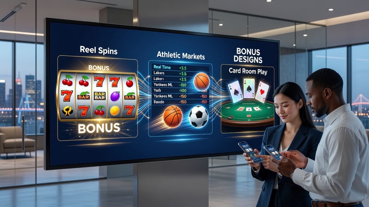 Mobile gaming interface showing interconnected bonus features across slots, sports betting, and poker tables