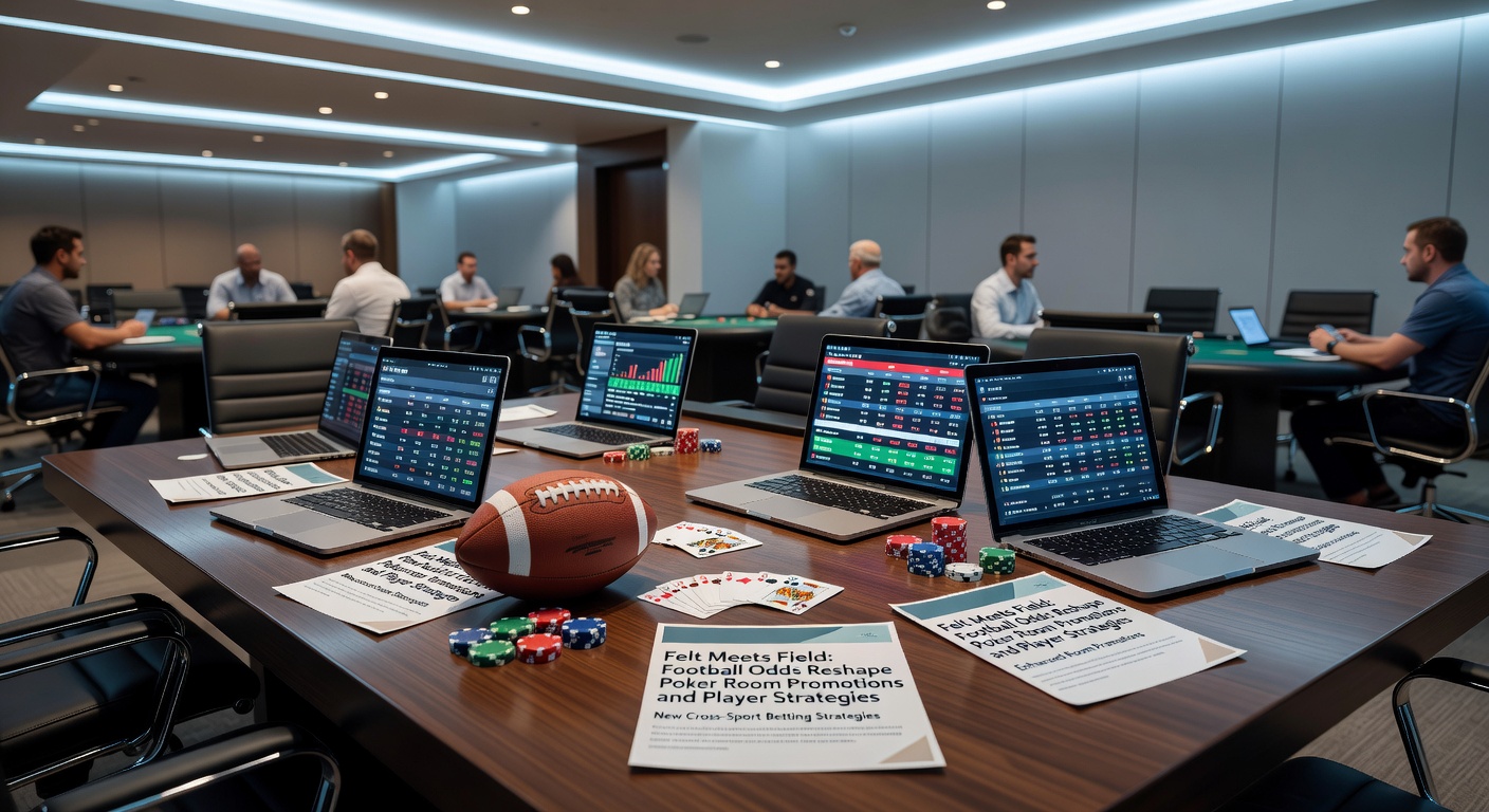 Dynamic poker room scene with overlaid football betting odds screens, capturing the blend of table games and sports wagering