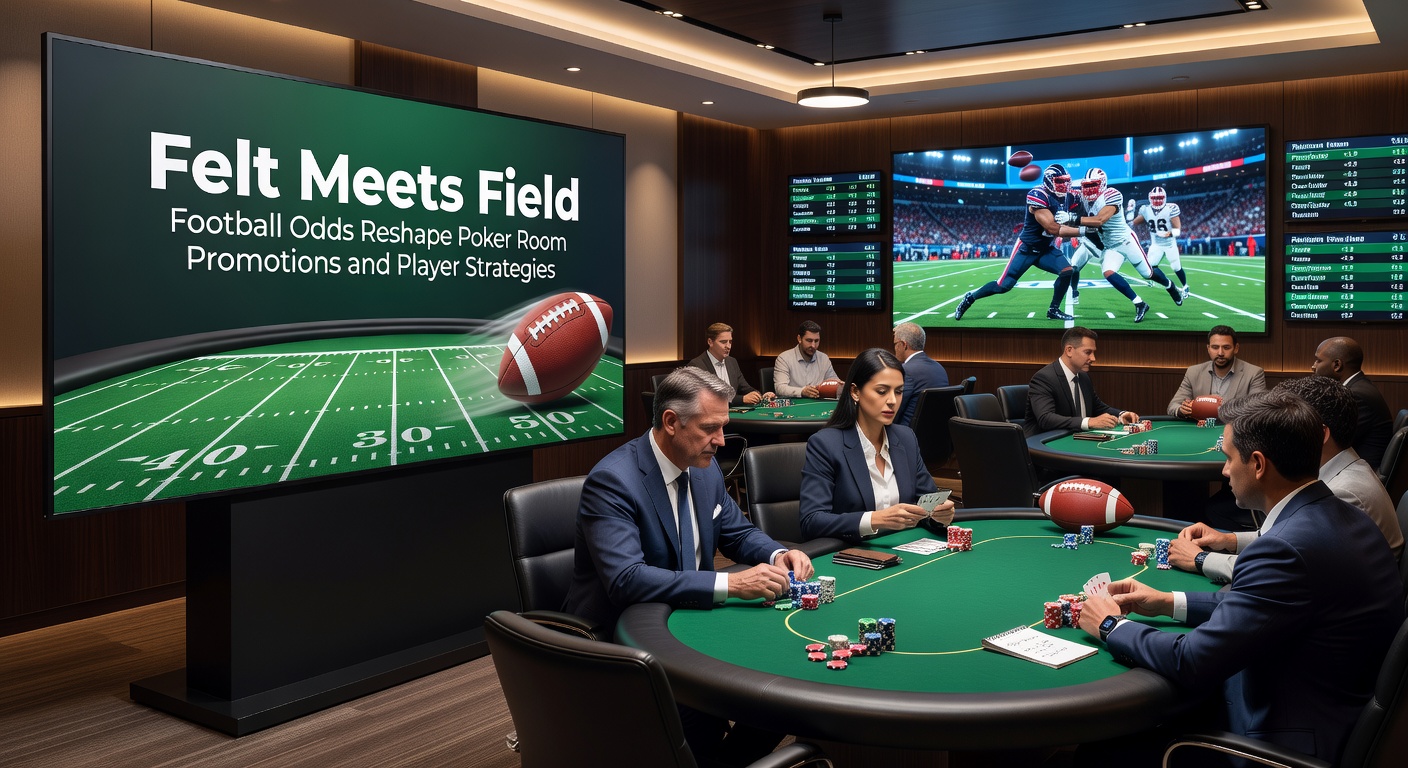 Close-up of poker players checking football odds on mobile devices amid a bustling tournament
