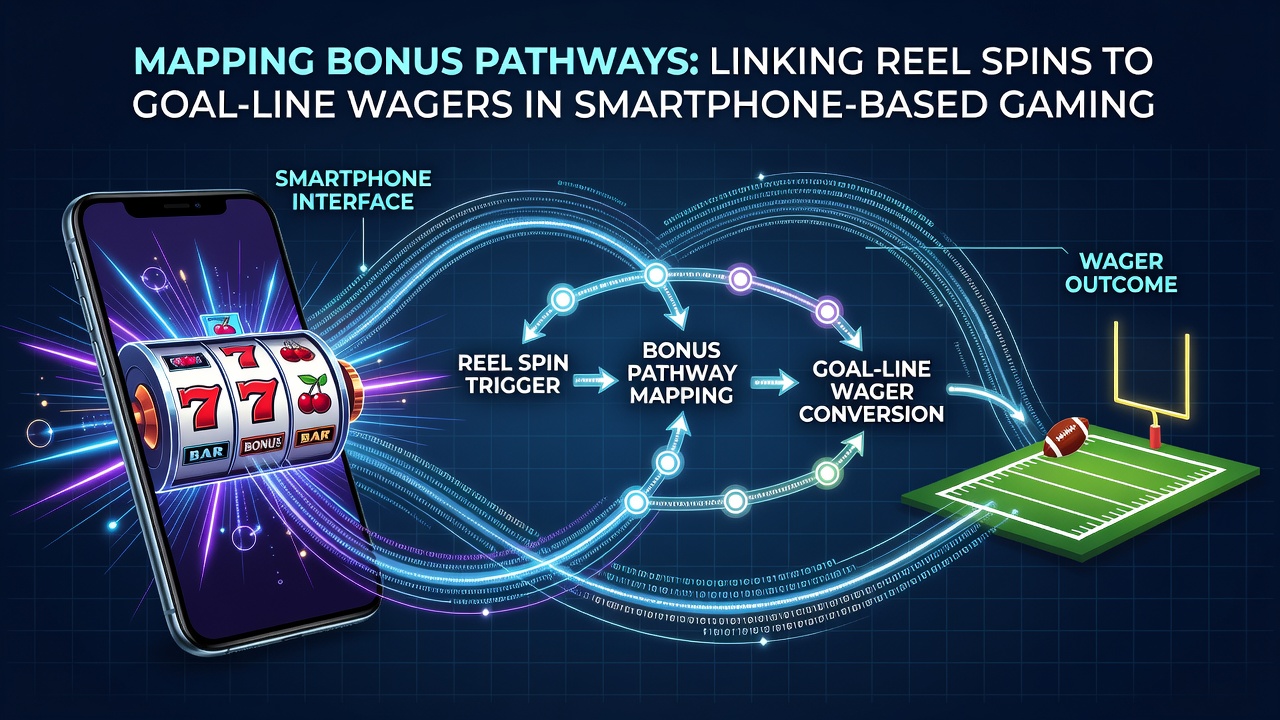 Smartphone screen displaying interconnected slot reel bonuses and football goal-line wager interfaces in a unified gaming app