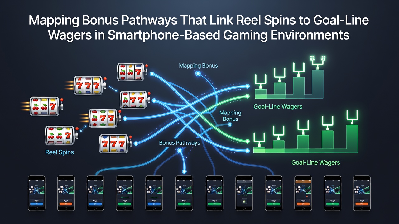 Mobile app interface illustrating bonus pathway flows from football goal-line results into slot reel credit allocations