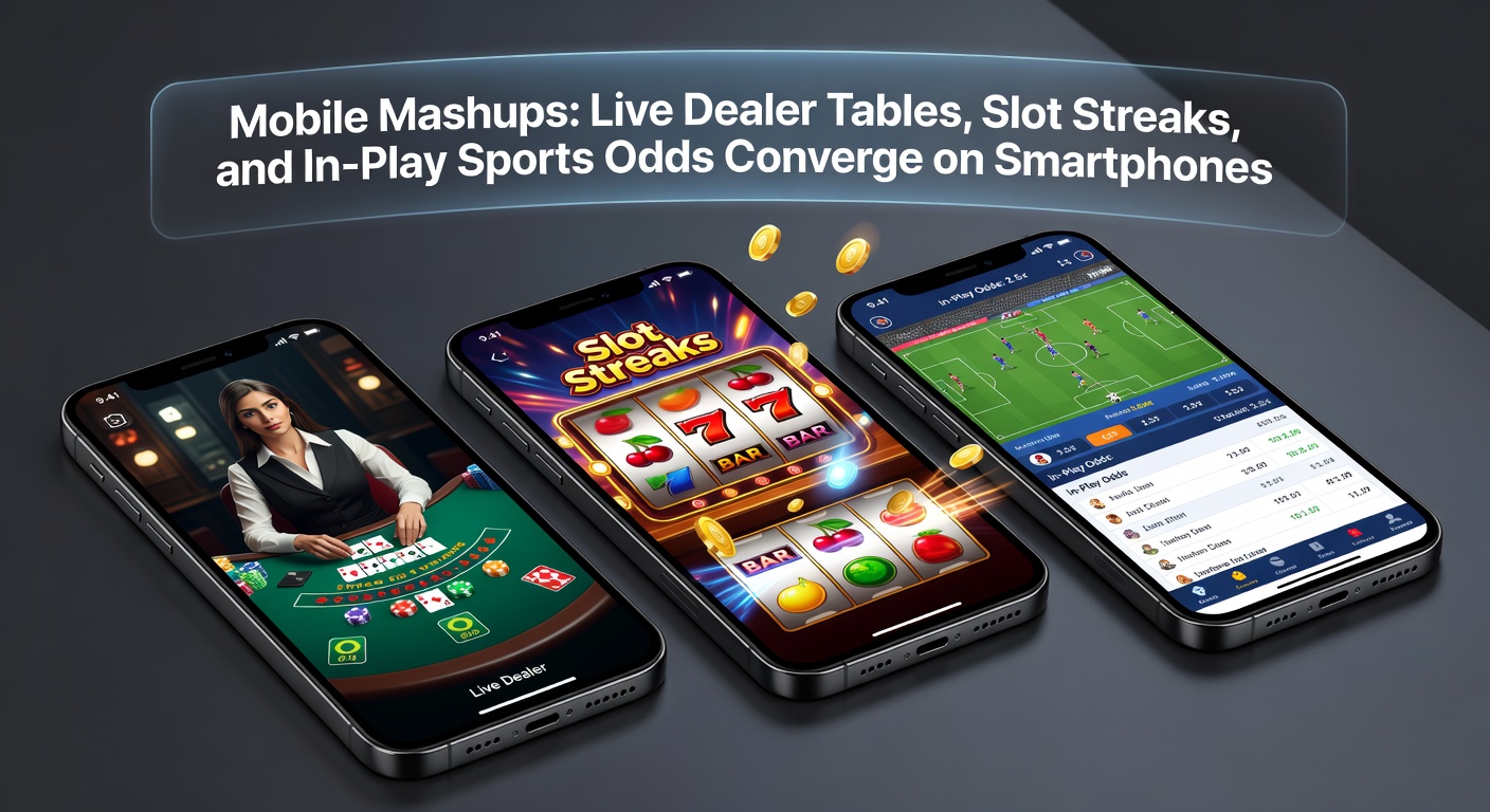 Smartphone displaying a seamless integration of live dealer blackjack, a slot machine on a winning streak, and live soccer in-play odds side by side