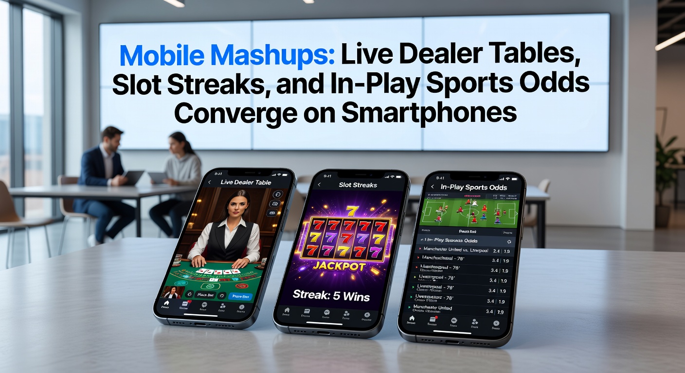Close-up of a mobile slot game during a streak bonus, overlaid with live sports odds ticker and dealer table thumbnail
