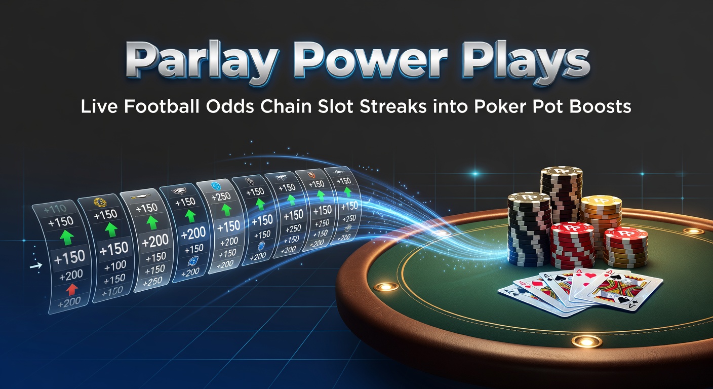 Dynamic graphic showing parlay chains linking live football odds to exploding slot reels and overflowing poker pots in a casino sportsbook fusion