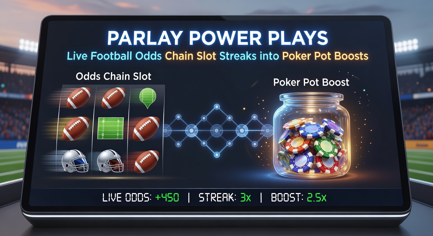 Close-up of a mobile screen displaying a live football parlay bet syncing with slot bonus meters and poker table pot increases