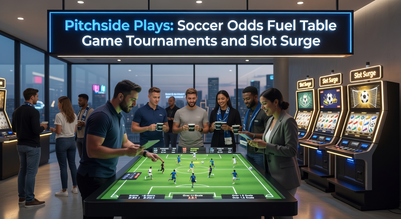 Vibrant casino floor during a soccer match night, with screens showing live odds, crowded table game tournaments, and flashing slot machines drawing players fueled by pitchside bets