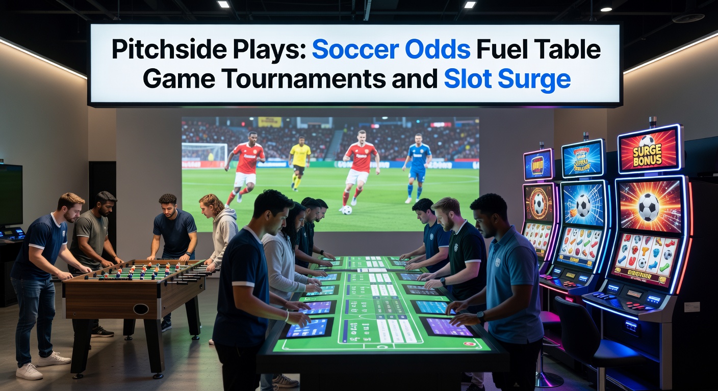 Close-up of a bustling blackjack tournament table surrounded by soccer betting kiosks, players checking live odds on phones amid chip stacks and cheering crowds