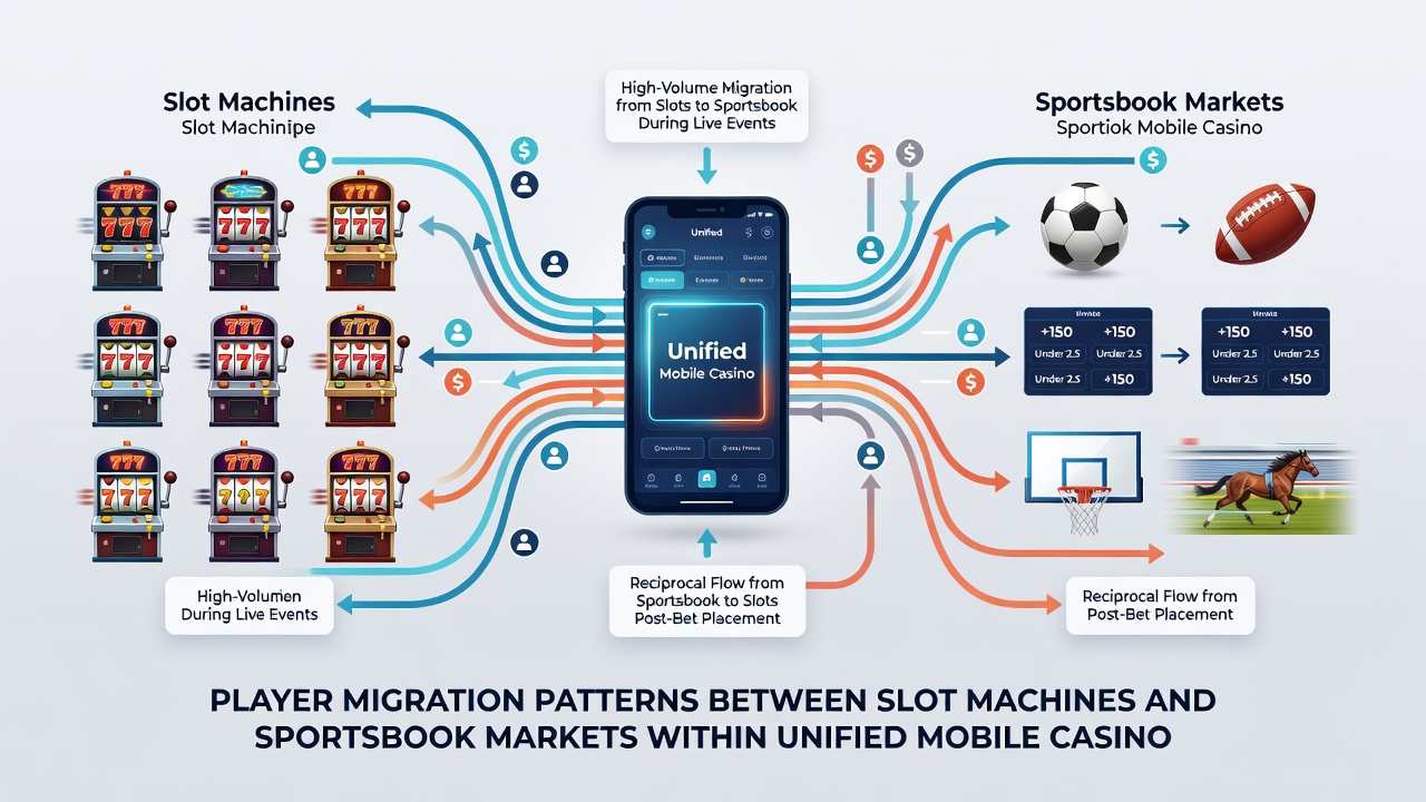 Analytics dashboard displaying player migration flows between slot machines and sportsbook sections over time