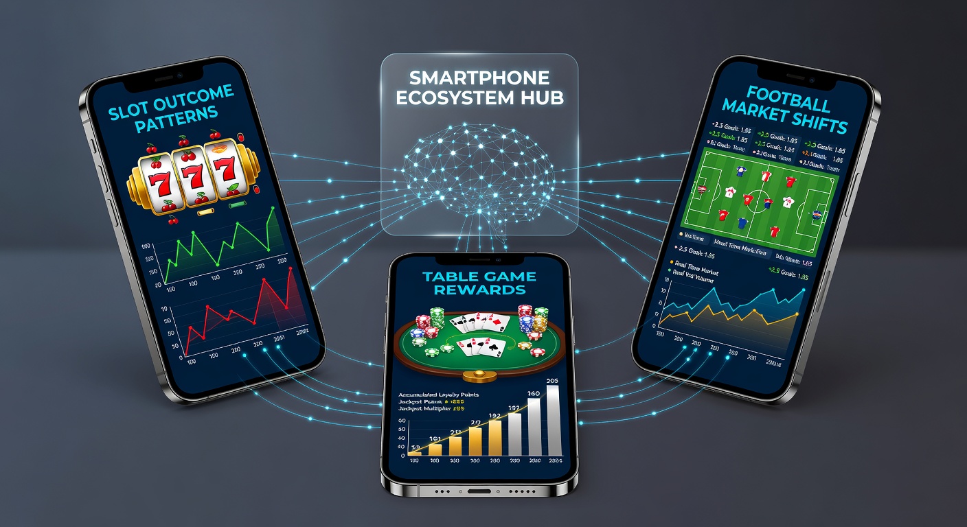 Mobile app dashboard showing linked slot patterns influencing football odds and accumulating table game rewards in real time