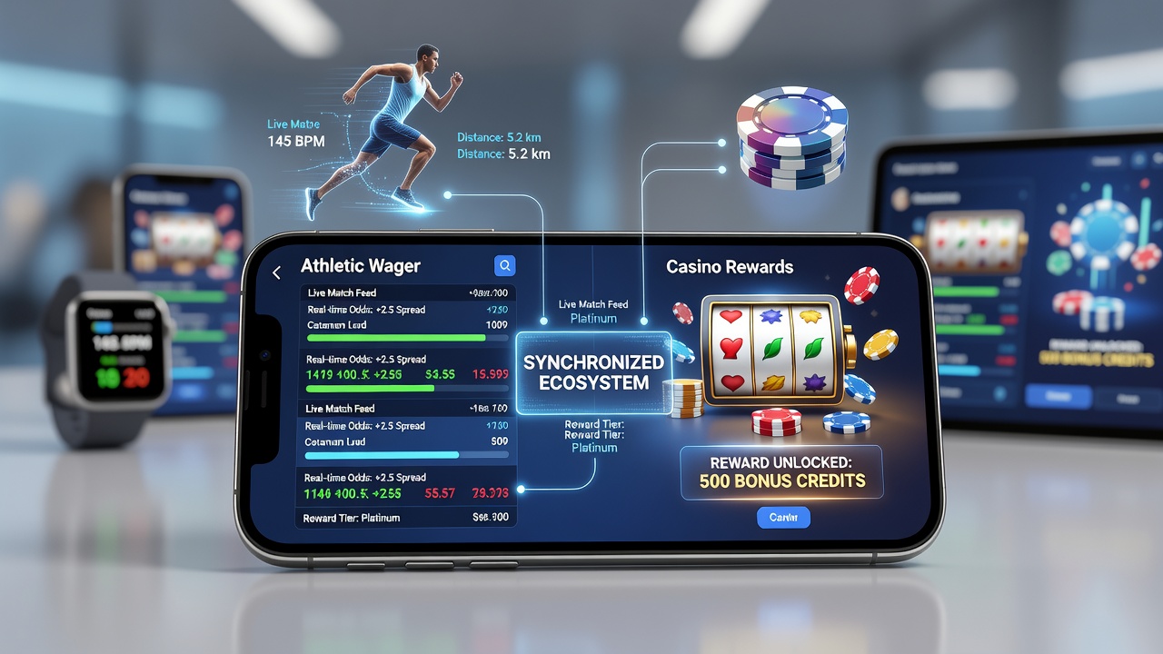 Close-up of mobile interface showing synchronized rewards transferring from sports bet win to casino game credits